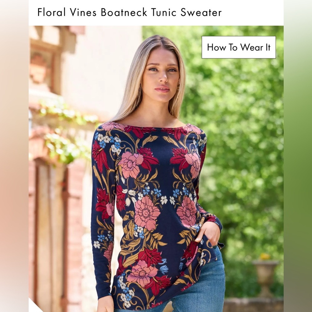 NWT Boston Proper Floral Vines Boatneck Tunic - Navy and Red